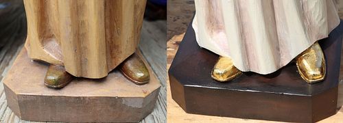 before and after picture of the restored and gold-leafed shoes of a statue of the Blessed Virgin Mary at St. Bernadette Catholic Church in Lancaster, Ohio
