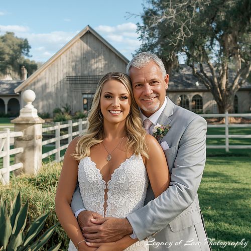 A smiling older groom in a grey suit embracing his bride in a white lace wedding dress during their second marriage ceremony outdoors.