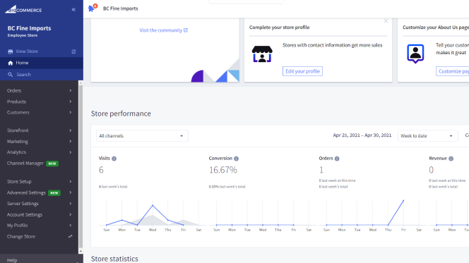 Dashboard per la creazione di siti Web BigCommerce