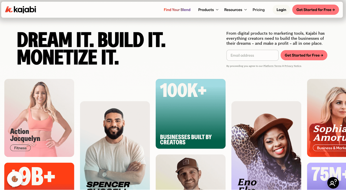 Captura de tela da página inicial do Kajabi