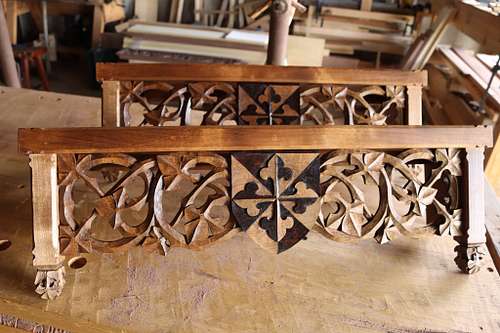 a pair of custom, hand-carved reliquary shelves for Dominican Sisters in Columbus ready for delivery and installation