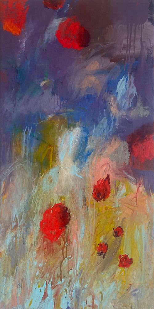 peinture abstraite florale, peinture vendue, peinture verticale abstraite, Roses et nuages, format 50x100cm, taches rouges, collection r&ecirc;ves de douceur