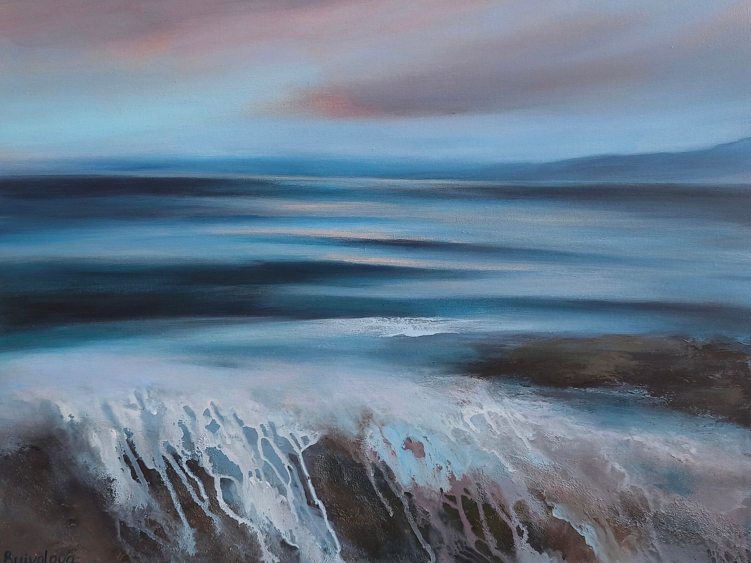 Acrylic seascape painting of early morning sea in lavender and azure tones with waves and mist