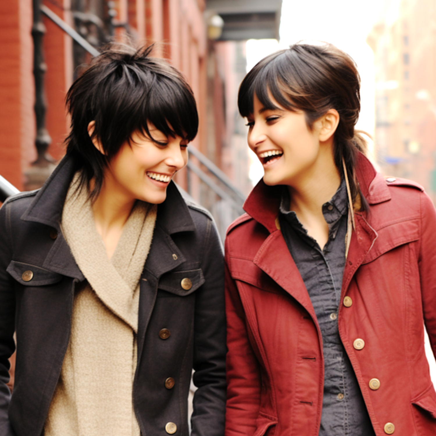 two smiling women talking and walking down an urban street