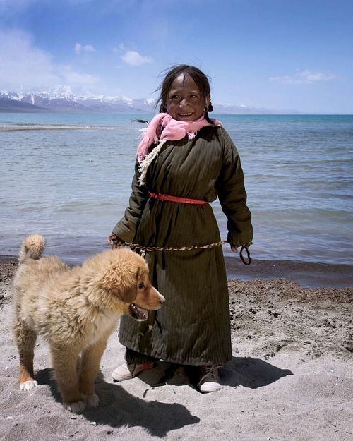 Tibetan girl holding a young Tibetan mastiff by Namtso Lake, Tibetan Plateau, 2007, with snow-covered Nyenchen Tanglha Mountains in the distance.