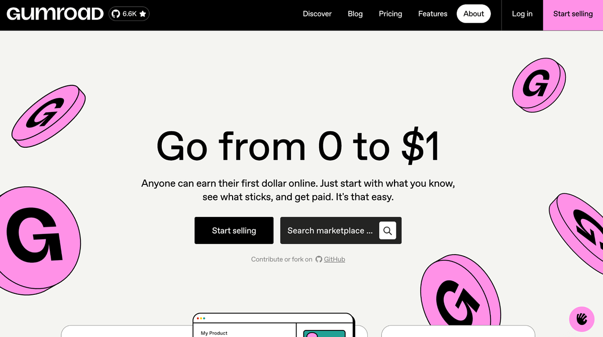 Schermafbeelding van de startpagina van Gumroad