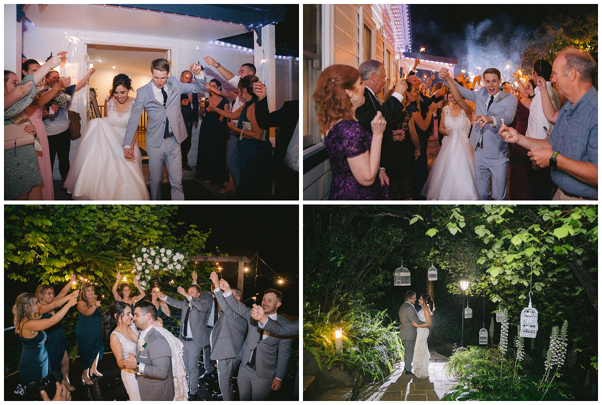 Bride and groom send off with sparkler exit at Loxley on Bellbird Hill Blue Mountains.