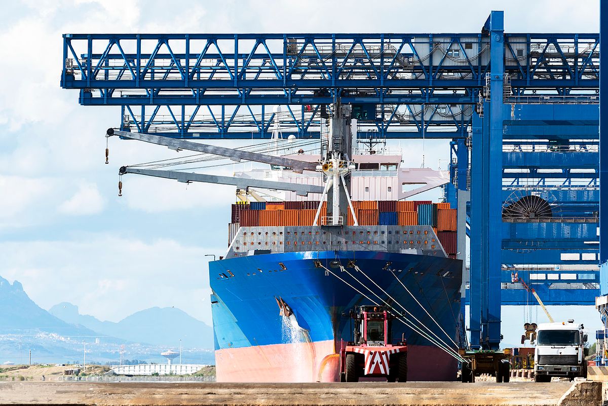 Cargo ship and container cranes in a commercial port, maritime logistics infrastructure