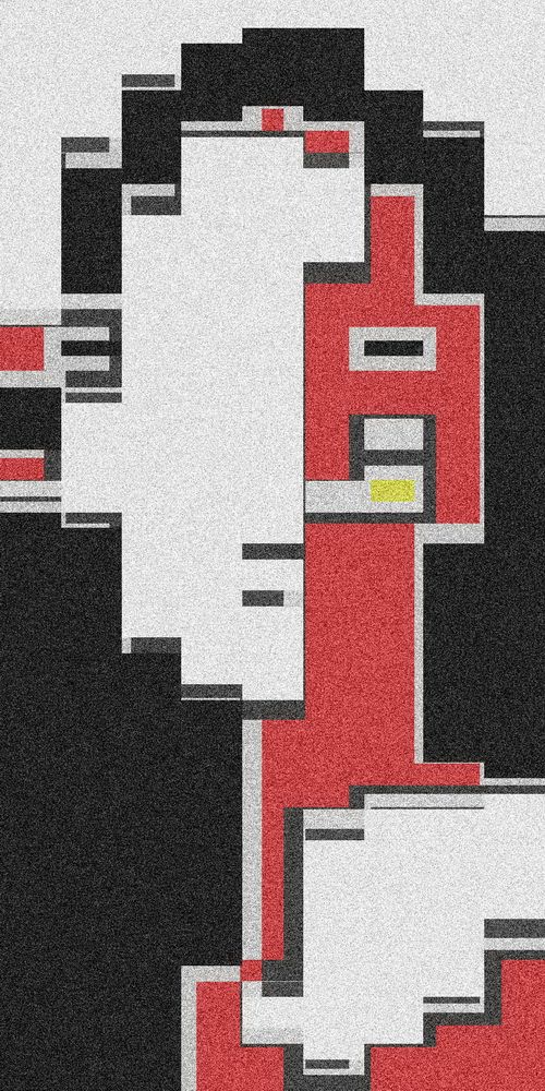 An abstract design featuring bold geometric shapes in red, black, and white. The pixelated style creates a retro texture throughout the piece.