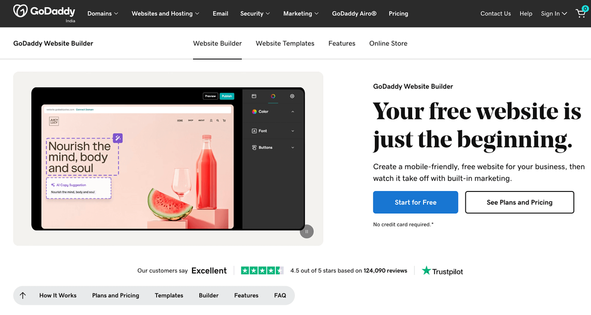 Домашняя страница конструктора сайтов GoDaddy