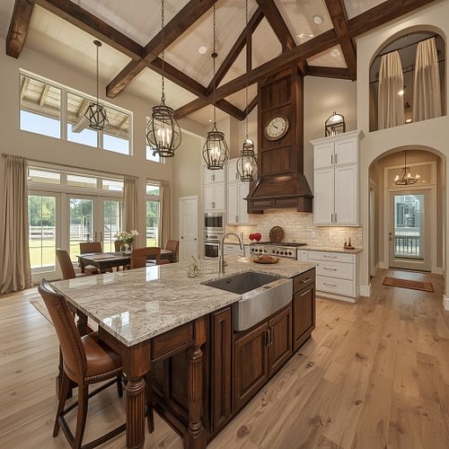 Professional real estate photography of a bright master kitchen with high vaulted ceilings and garden views in Gainesville FL by PrimePropertyPhoto.