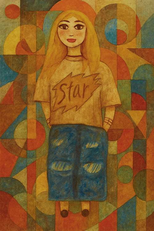 A girl with long blonde hair and a 'Star' shirt stands against a vibrant geometric background. Her expression is calm, and her surroundings are filled with colorful shapes.
