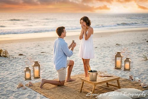 Man proposing to woman on a beach with a boho rug and lanterns by Legacy of Love Photography in North Central Florida.