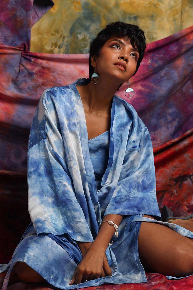 Linen Satin Kimono Jacket - Summer Sky