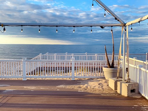 man made platform and stairs at a public beach