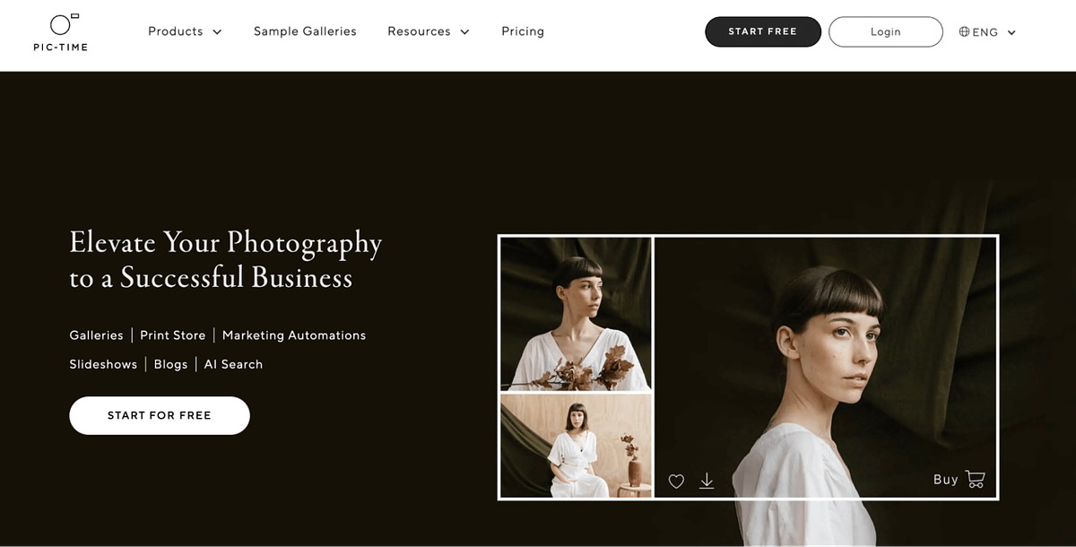 Schermafbeelding van de startpagina van Pic-Time