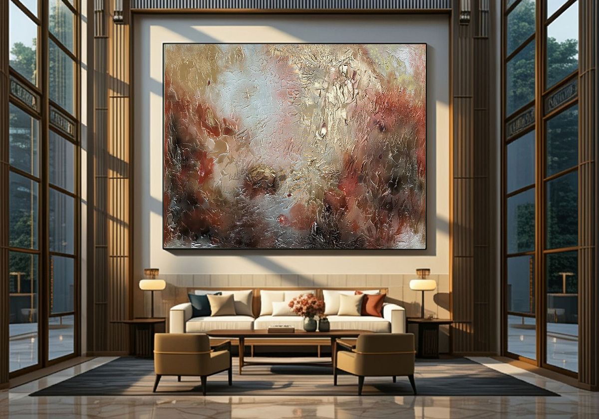 abstract painting in an entrance foyer, creating a powerful first impression for a luxury modern home