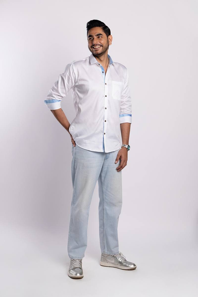 Signature White Premium Cotton Shirt - Summer Sky