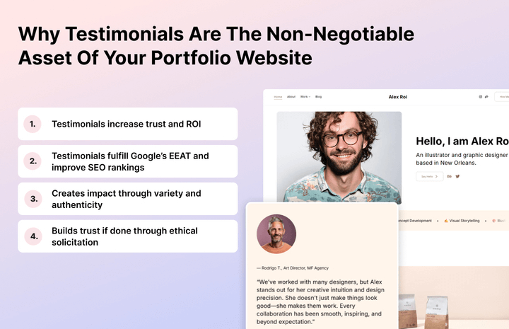 Infografía que muestra por qué los testimonios son un elemento importante de su sitio web de portafolio