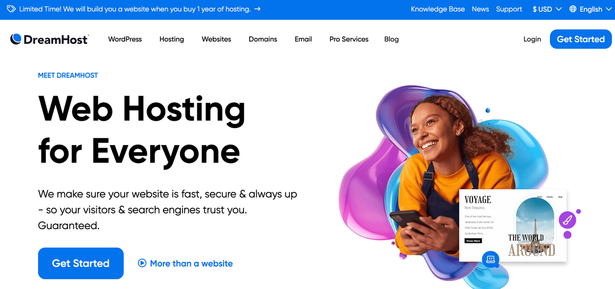 Screenshot van de DreamHost websitebouwer
