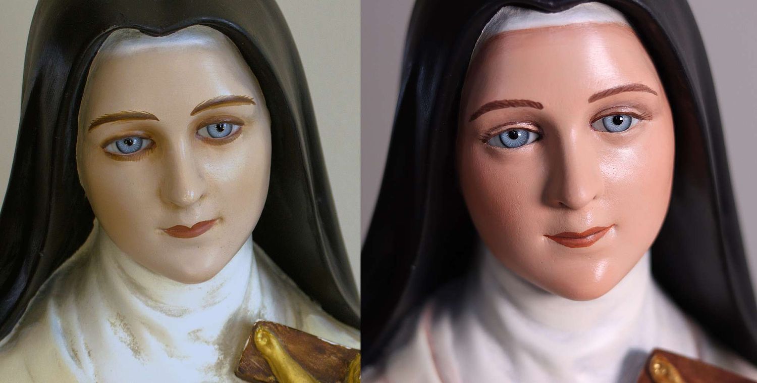 Saint Therese Statue Restoration picture of before and after the repainting of her face by Kelly Baker of Contrasts Woodcarving for St. Joseph Catholic Church in Somerset, Ohio.
