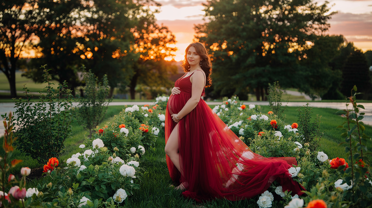 Pregnant woman posing in natural light with a flowing maternity gown.