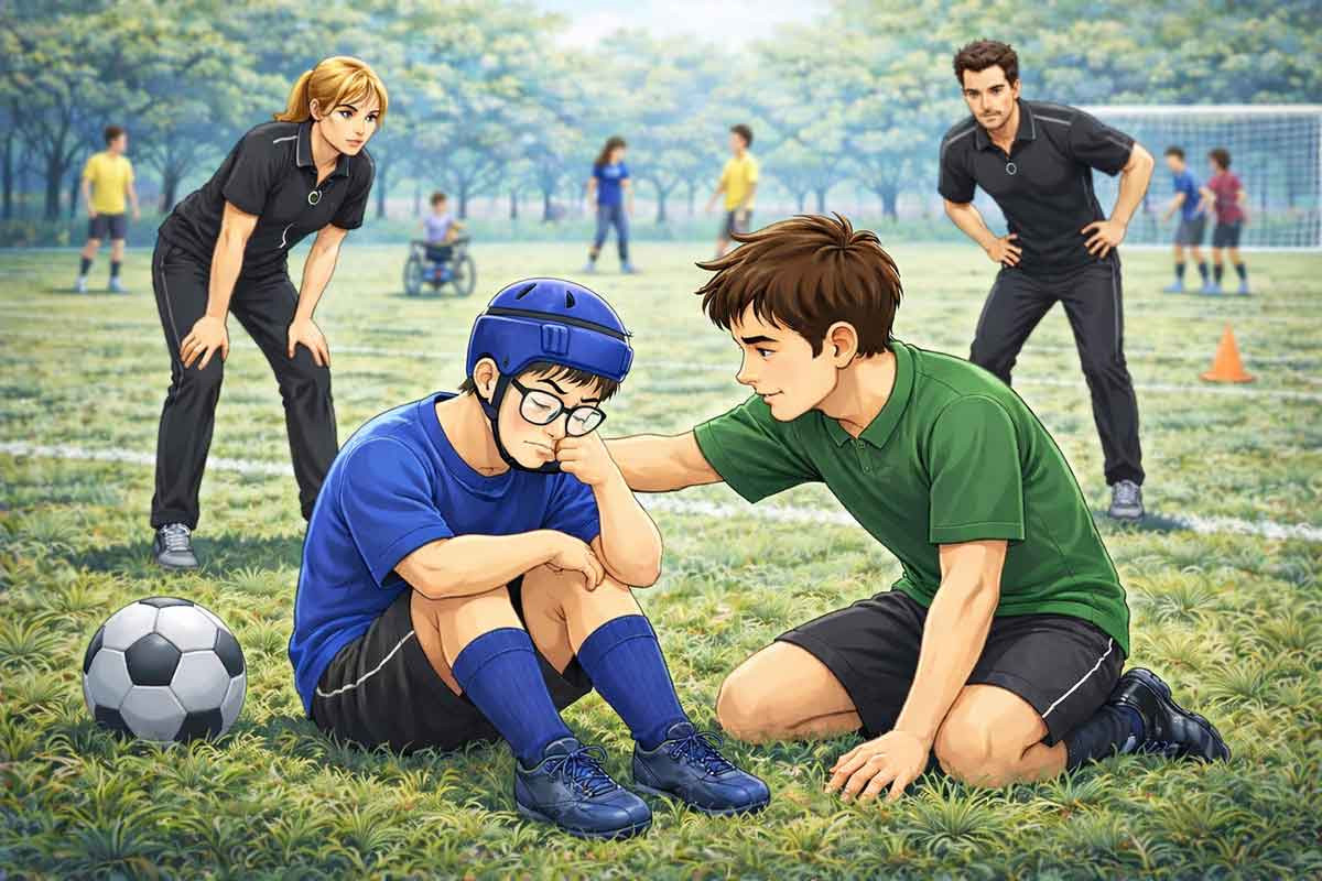 Ein Jugendlicher kniet neben einem niedergeschlagenen Mitspieler mit Schutzhelm, spricht ruhig mit ihm und legt unterstützend die Hand auf seine Schulter, während Trainer im Hintergrund beobachten.