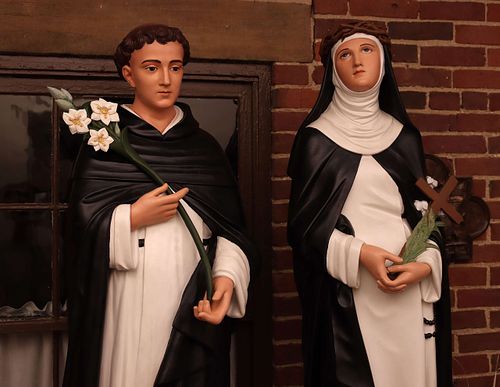 Picture of both statue restorations for the High Altar for Holy Trinity Catholic Church in Somerset, Ohio: Saint Dominic and Saint Catherine