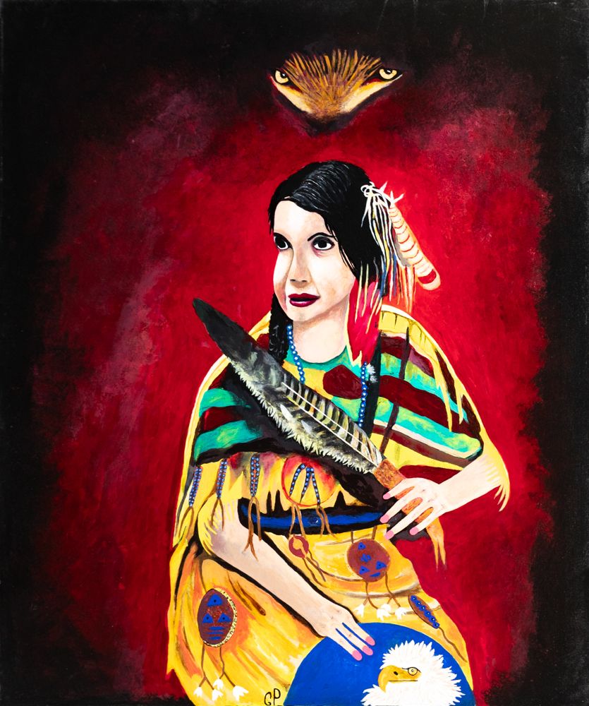 Femme amérindienne en robe jaune avec un aigle sur fond rouge, par Patrice Goubeau