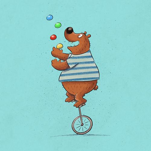 Tekening van een grappige circusbeer die ballen jongleert op een éénwieler