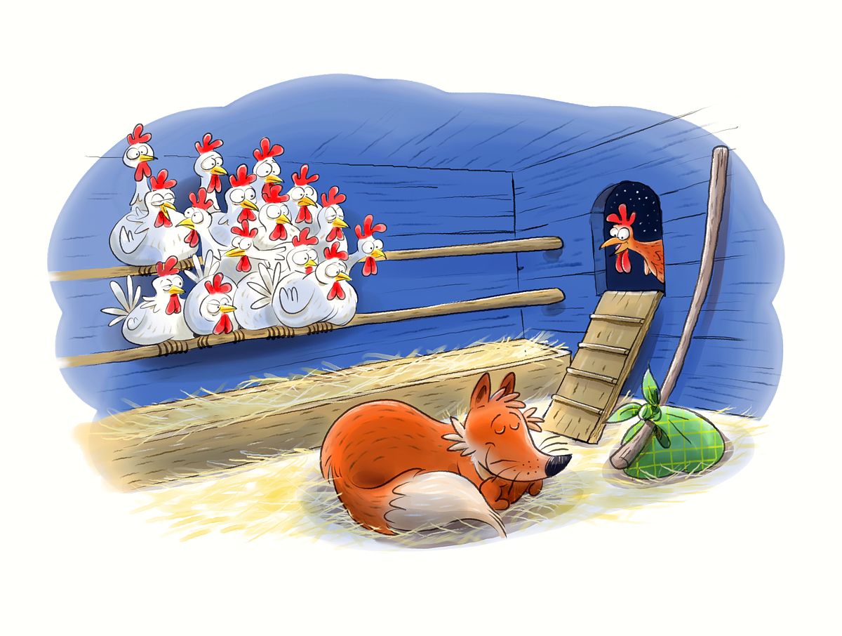 kinderboek illustratie in aquarel van de vos slaapt in het kippenhok. Alle kippen zitten met veel schrik ver weg in het hoekje van het hok.