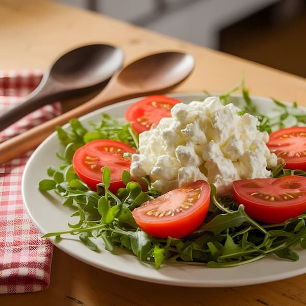 plate of arugula, cottage cheese and tomatoes