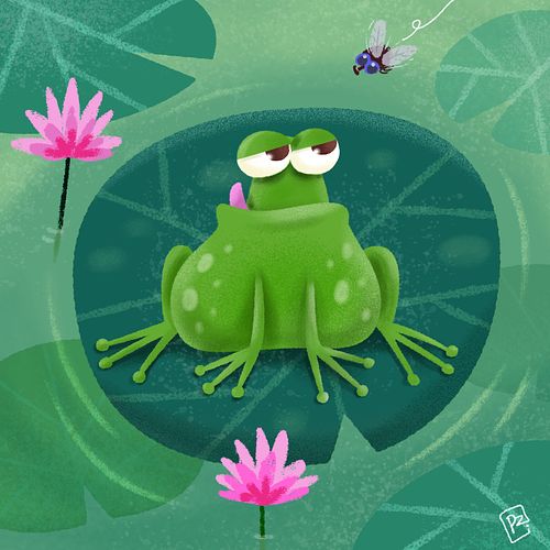 illustratie kinderboek van Poetzarelli met  kikker op een lelieblad, kijkt hongerig naar een vlieg.