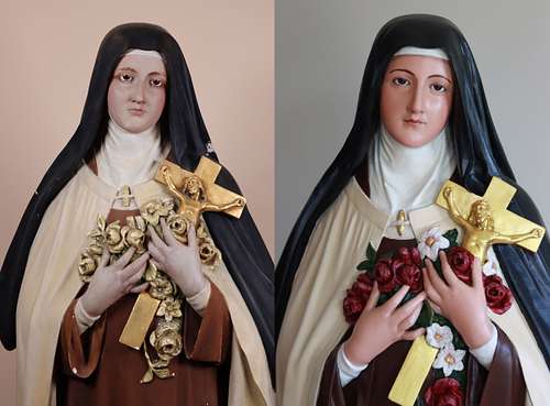 beautiful restoration of a statue of St. Therese of Lisieux by Wes and Kelly Baker all hand painted