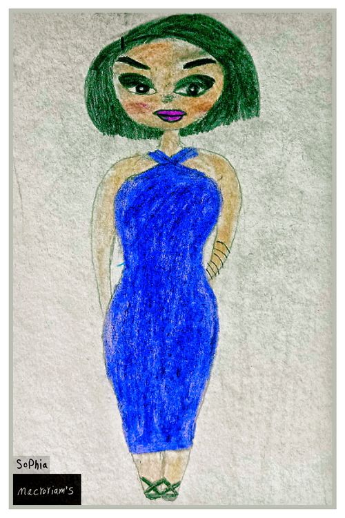 A hand-drawn portrait of a woman wearing a vibrant blue dress. Her short green hair and unique expression add character to the image.