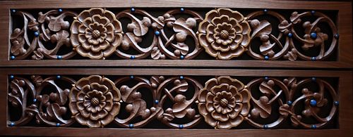 two hand-carved walnut panels with roses, vines, and blue beads for gradines for a high altar in a Catholic church
