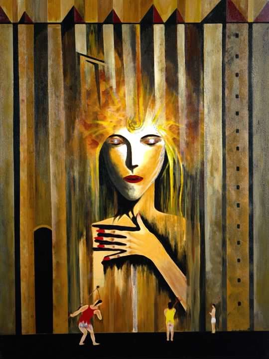 Le Passage — figure féminine dorée, œuvre disponible à la location par Patrice Goubeau