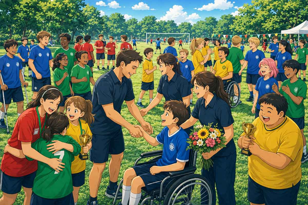 Spieler, Trainer und Familien begegnen sich auf dem Spielfeld, gratulieren sich, lachen und tauschen sich aus, während ein inklusives Turnier stattfindet.
