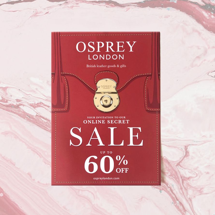 illustration of gold clasp on a red satchel with the words SALE 60% off