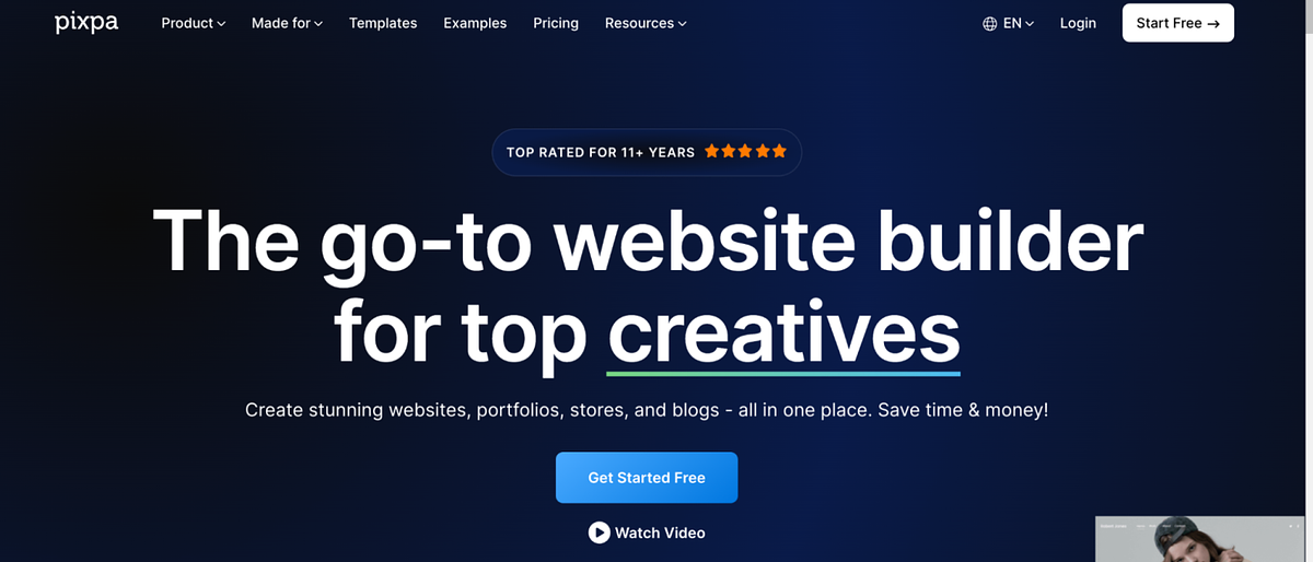 Screenshot of Pixpa's homepage