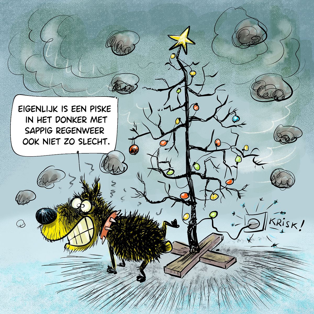 cartoon met hond die tegen de kerstboom plast en geëlektrocuteerd wordt.