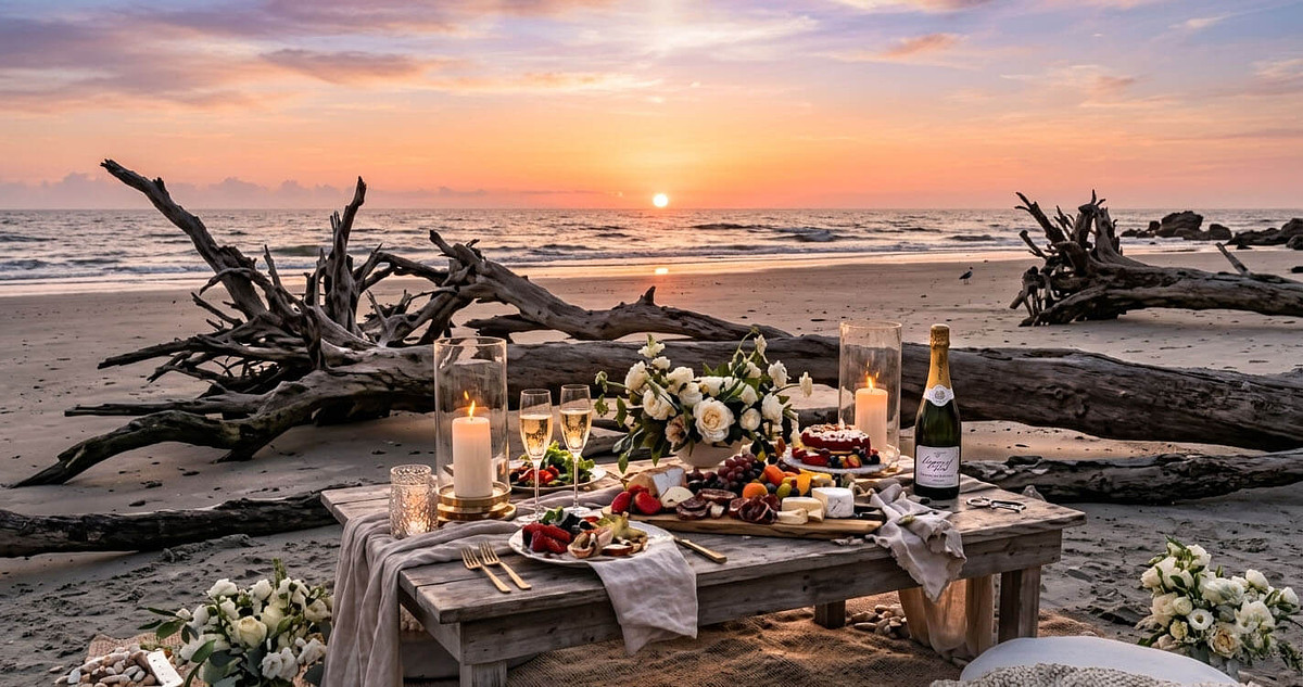 Luxury beach elopement picnic setup with organic catering among the iconic driftwood trees at Boneyard Beach, Jacksonville.