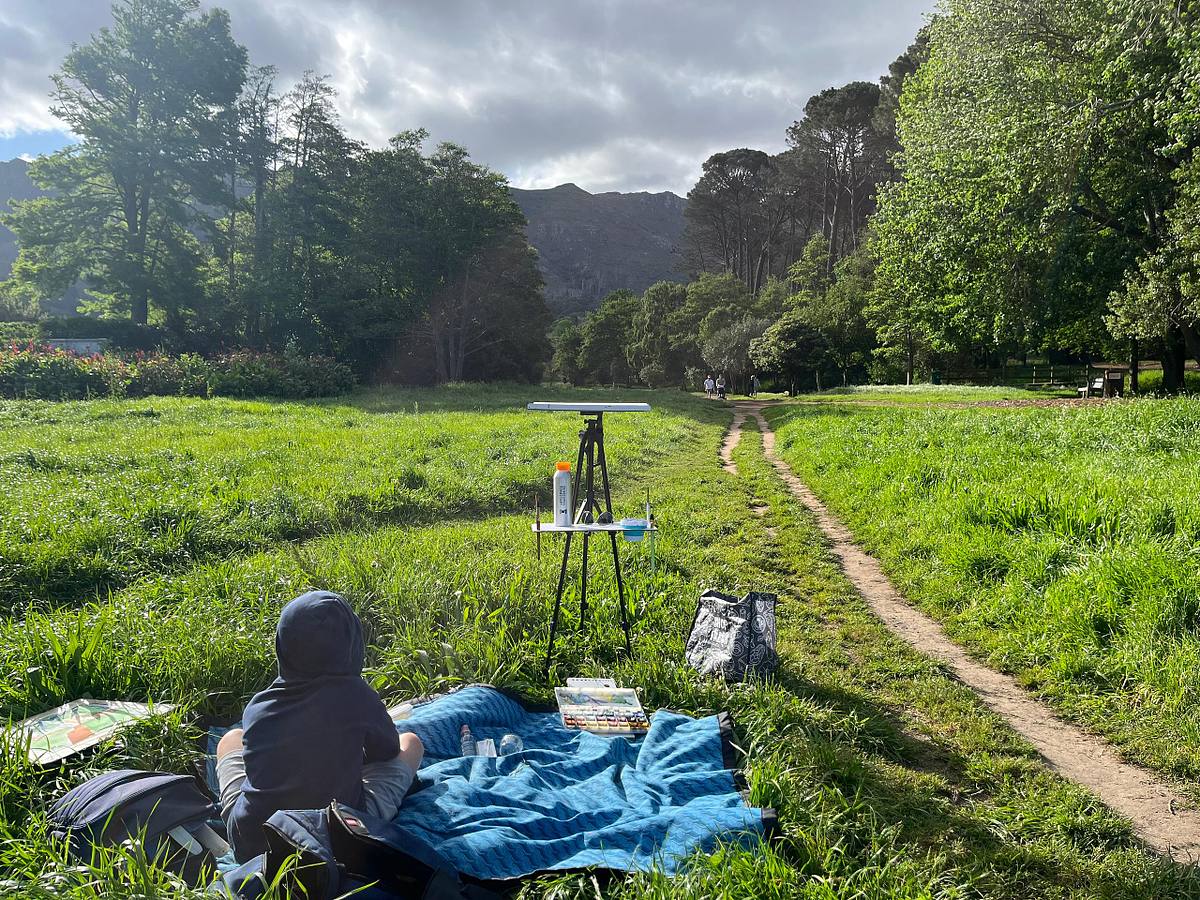 Easel setup for plein air painting at the Alphen Trail Bel Ombre Meadow
