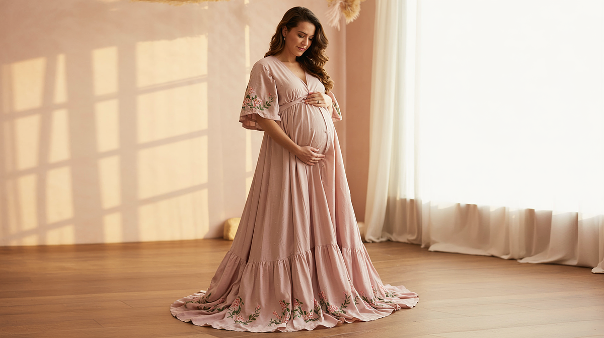 Pregnant woman posing in natural light with a flowing maternity gown.