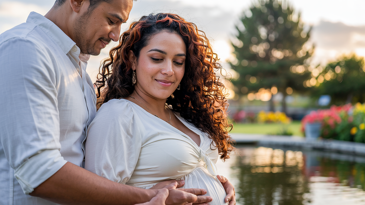 Pregnant woman posing in natural light with a flowing maternity gown.