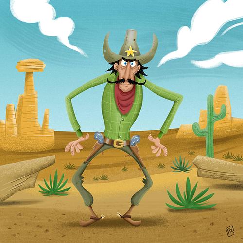 Illustratie voor een kinderboek, cowboys in het wilde westen