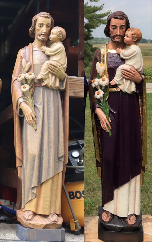 full statue restoration of antique St. Joseph Statue by Wes and Kelly Baker for St. Bernadette Catholic Church in Lancaster, Ohio