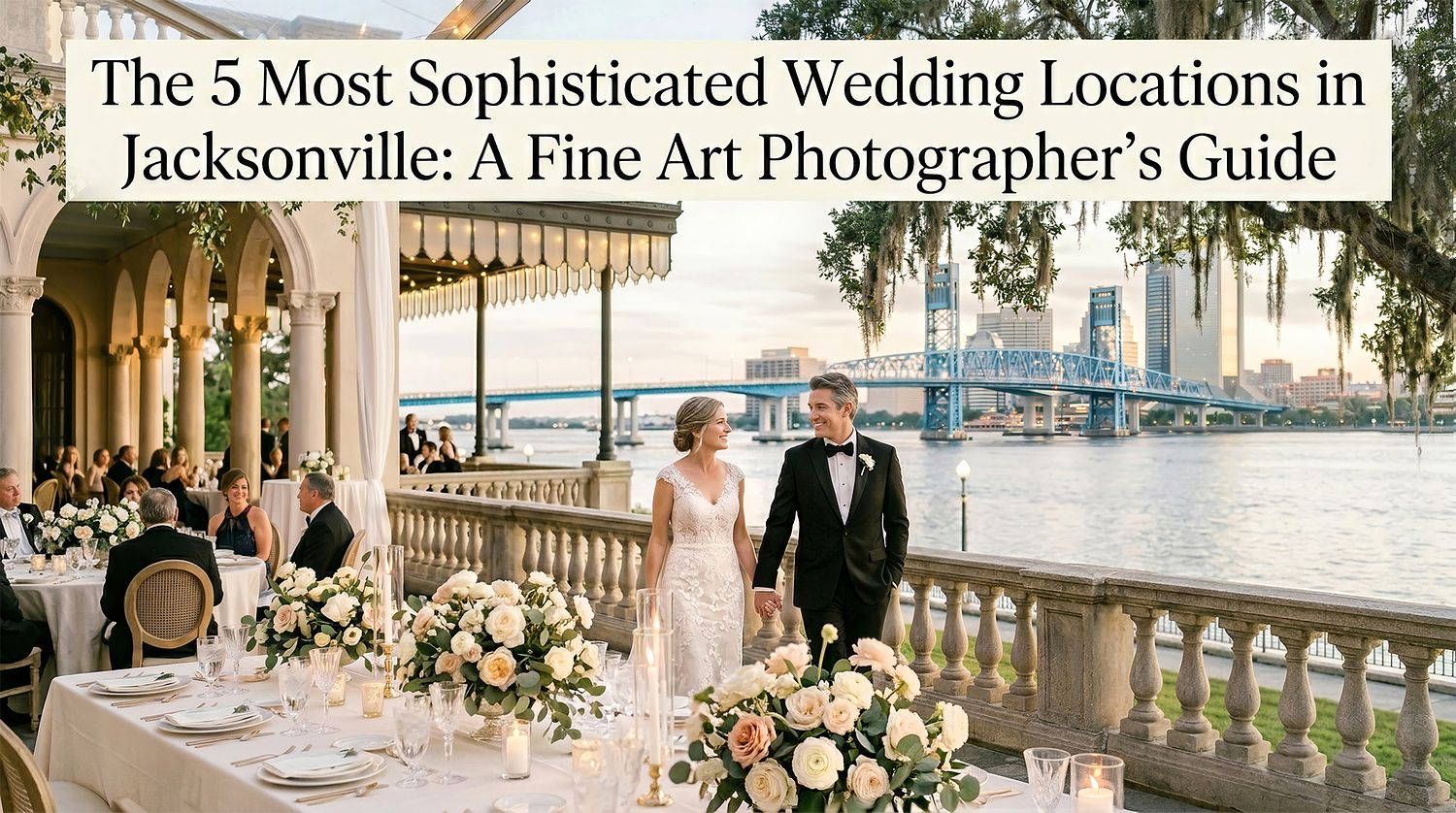 Fine art wedding reception on a luxury terrace overlooking the St. Johns River with the Jacksonville skyline view.