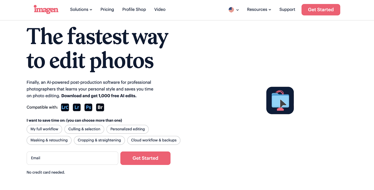 Screenshot of Imagen AI's home page