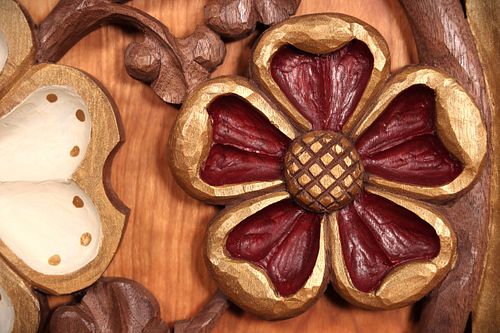 Hand-Carved wild rose with red and gold polychrome paint